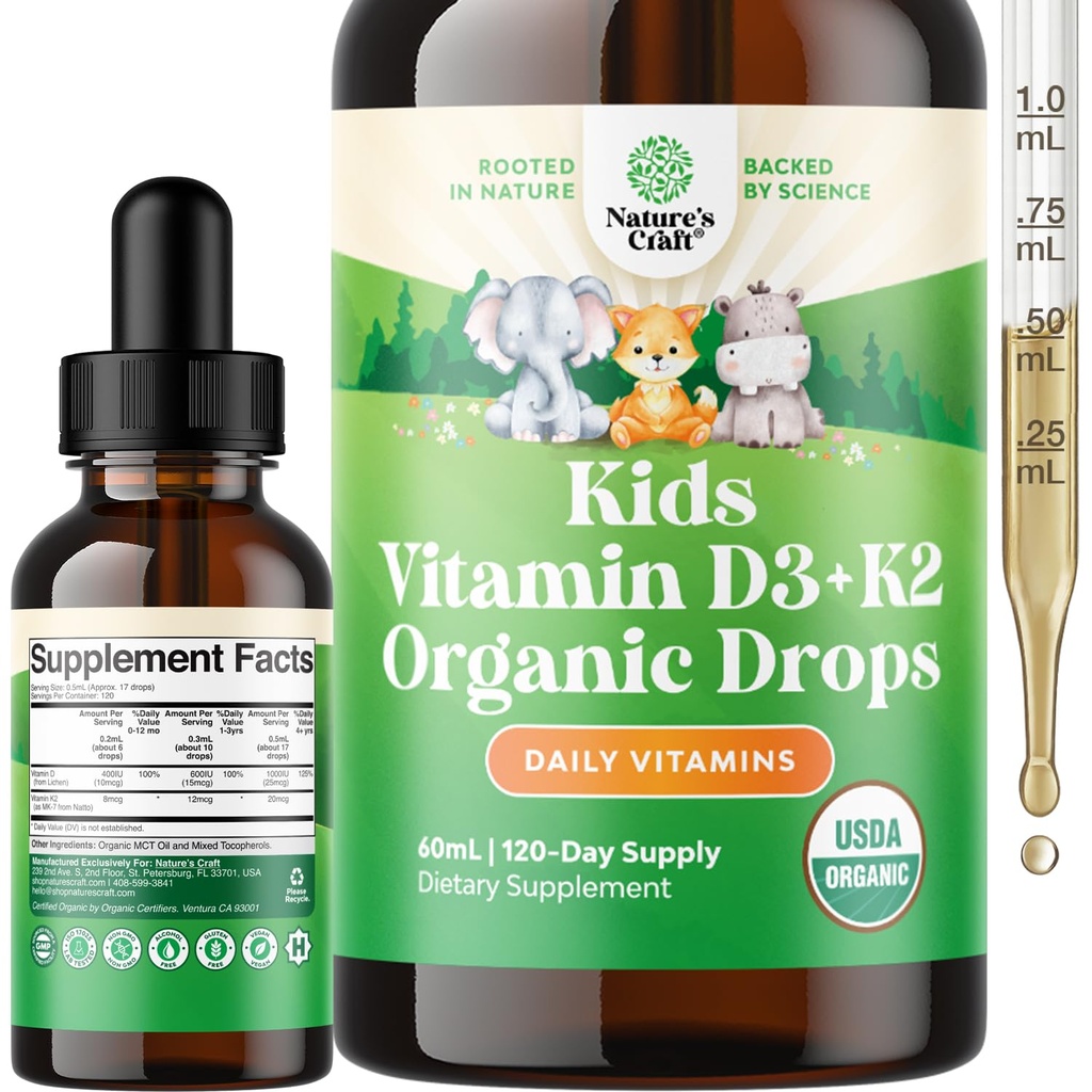 Natures Craft Kids Vitamin D3 K2 Drops - Organic Vitamin D pro děti pro silné kosti a spony - Děti, děti a nosič Imunitní Support Drops Liquid Supplement - 60 ml Lahvička