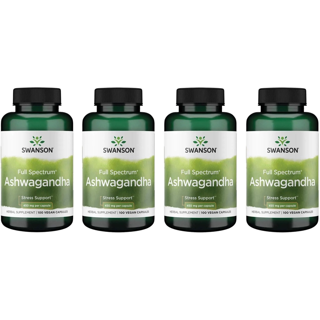 Swanson Ashwagandha Powder Supplement - s Ashwagandha Root na podporu stresu Relief & Energy - Ayurvedic dodatek pro přírodní wellness (100 Kapsle, 450mg každý) 4 Pack