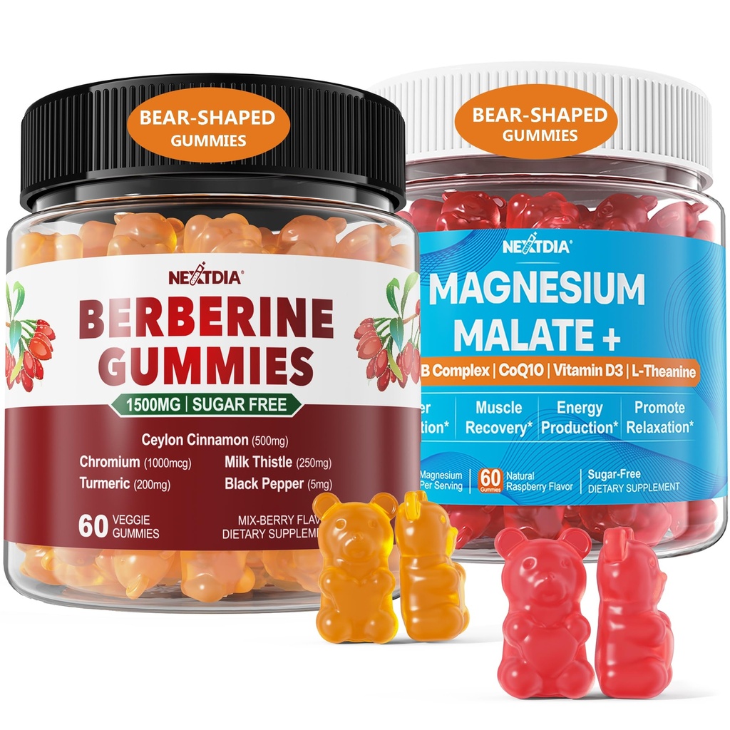 2Pack Berberine dodatek Gummies 1500mg + 2Pack Magnesium Malate s CoQ10- 100mg Gummies
