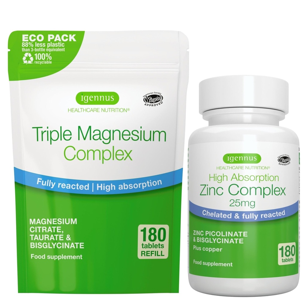 Triple Magnesium Complex 180 Tablety + Zinek Complex Vegan Bundle, High Absorption Chelated Magnesium + 25mg Chelated Zinek Picolinát & Bisglycinát s mědí, od Igennus