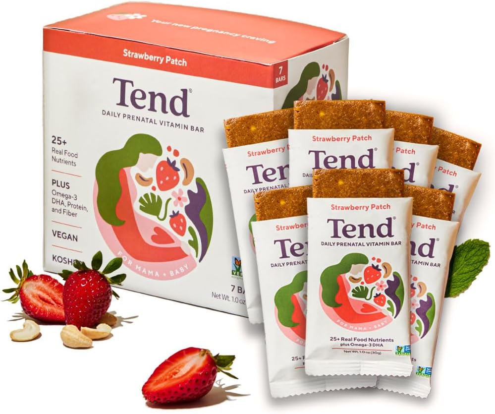 Tend Daily Nejlepší Prenatal Vitamin Bar, Vyrobeno s organickými složkami pro těhotné a poporodní matky, Zahrnuje DHA, Vitamin D, B, Cholin, Folát, Slunečnice Lecithin - Jahodová Patch (7ct)