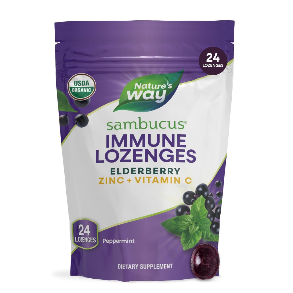 Nature 's Way Sambucus Zinc Lozenges s bezinky a vitamínem C, mátové ochucené, 24 Lozeng