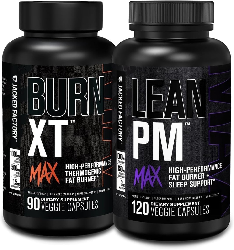 Jacked Factory Burn-XT Max - Thermogenic Fat Burner & Appetite Conpressant (90 Kapsle) & Lean PM Max high- Performance Weight Loss, Fat Burner, & Appetite Conpressant (120 Kapsle)