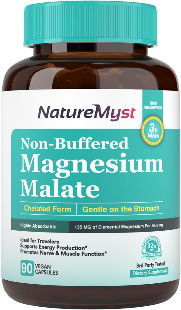Malate hořčíku, Chelated Form, Vysoce absorbovatelné, Non- Buffered, Gentle on Stomach, pro dospělé a děti, flexibilní dávka, výroba energie, Nerve a svalové funkce, 90 Veganské kapsle