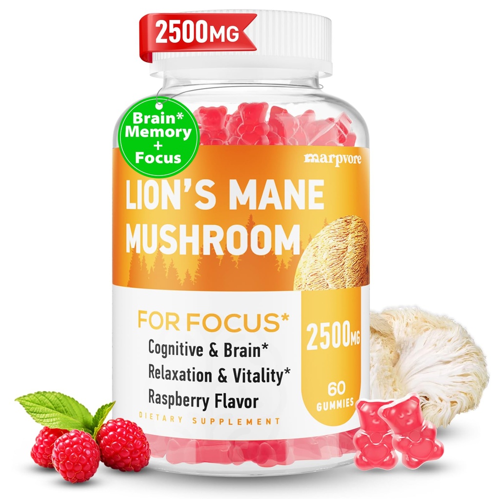 Lions Mane Gummies, Organic Lion 's Mane, Lions Mane Gummies pro dospělé, s Ashwagandha & Alpha GPC, Cortisol doplňky pro ženy a muže, 60 Counts