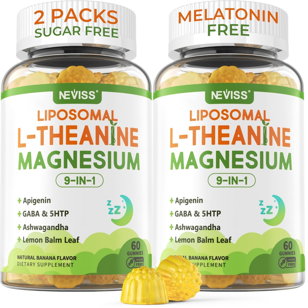 Lipozomální L- Theanin 200mg Magnesium Glycinát 400mg Gummie s GABA, 5HTP, Apigenin, Vitamin B6 & D3, Ashwagandha, Lemon Balm Leaf, Melatonin Volný spánkový Žvýkadlo pro relaxační mood & svalů, 2 Balení