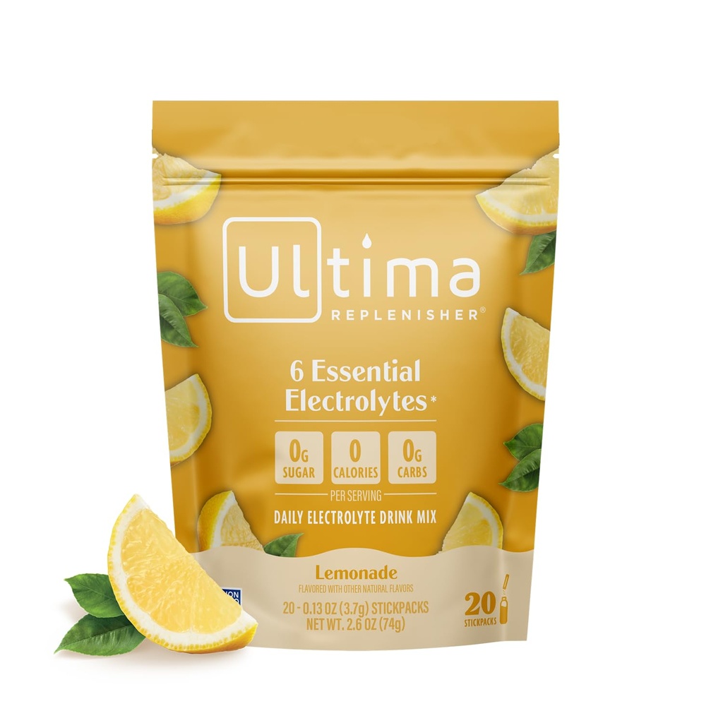 Ultima Replenisher Daily Electrolyte Powder Drink Mix - Sugar Free - Lemonade, 20 Stickpacks - Hydratační balíčky s 6 klíčovými elektrolyty a stopovými minerály - Keto Friendly, Vegan, Non- GMO