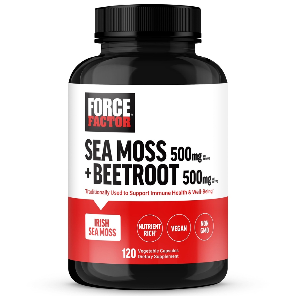 FORCE FACTOR Irish Sea Moss + Beet Root Dodatek k podpoře imunity, Cirkulace, Přírodní energie, Srdce zdraví, s antioxidanty, Non- GMO, Vegan- Friendly, Soy- Free, 120 Zeleninové kapsle