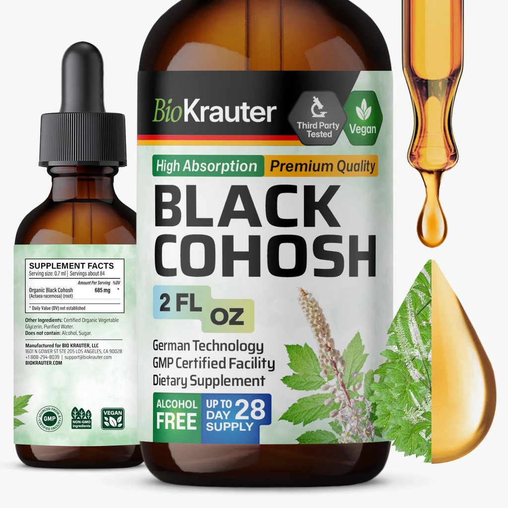 BIO KRAUTER Black Cohosh Root Tinktura - Vegan Black Cohosh Doplňky Ženy Podpora - Alkohol a cukr zdarma - 2 Fl.Oz.