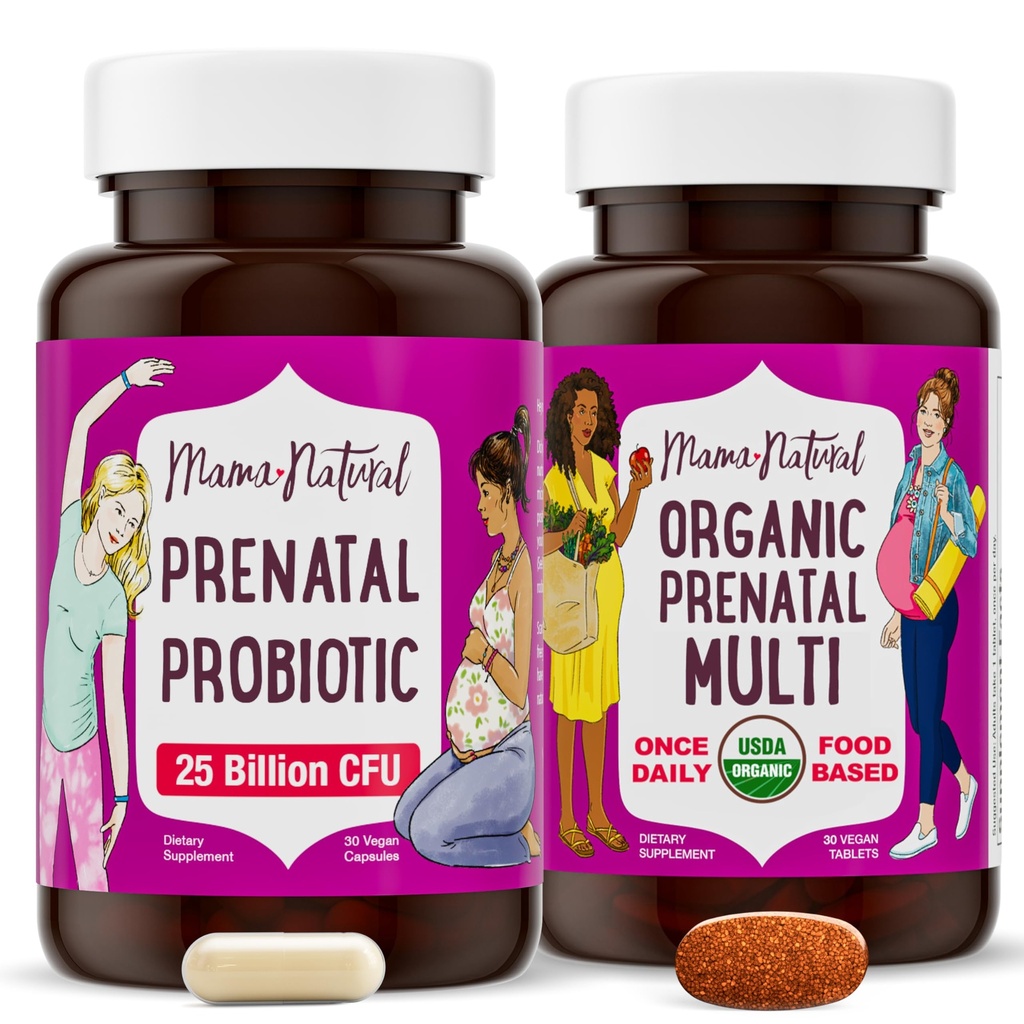 Mama Natural Prenatal Bundle - Organické prenatální vitamíny pro ženy + cílené probiotika pro těhotenství a poporodní wellness - Jen 2 pilulky denně - Vegan & Non- GMO (30 Day Supply)
