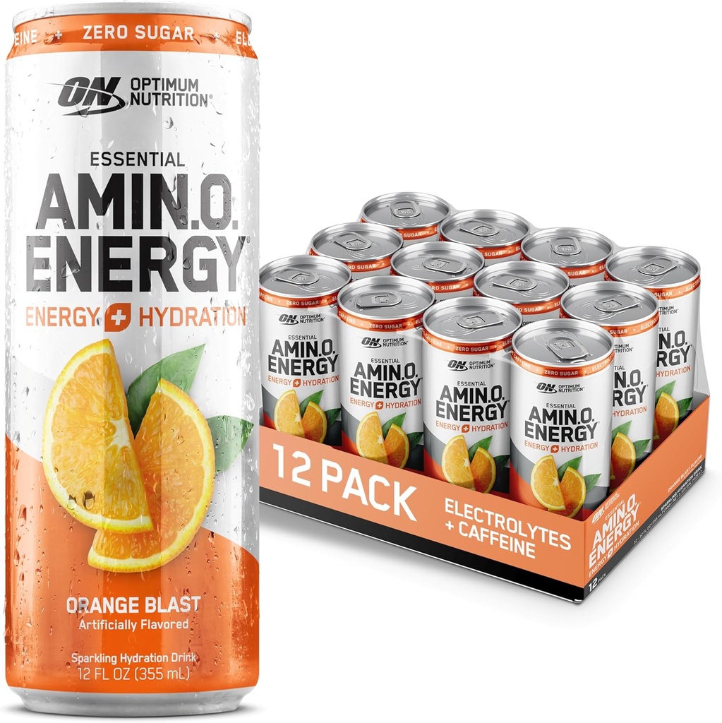 Optimum Nutrition Amino Energy Sparkling Hydration Drink, Electrolytes, kofein, aminokyseliny, BCAA, bez cukru, Orange Blast, 12 Fl Oz, 12 Pack (Balení květen Vary)