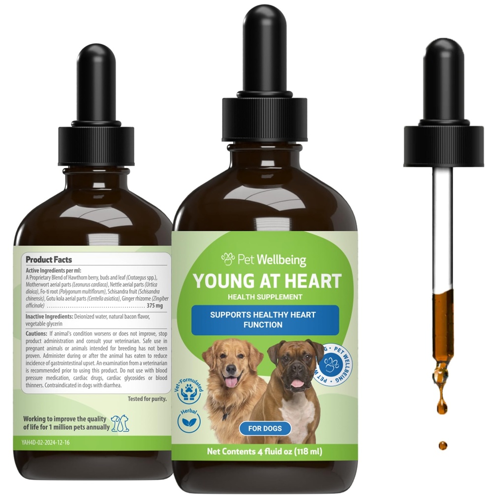 Pet Wellbeing Young v srdci pro psy - srdce zdraví, oběhové a kardiovaskulární systém, Hawthorn, Motherwort, Schisandra - veteránský bylinný dodatek 4 fl oz (118 ml)