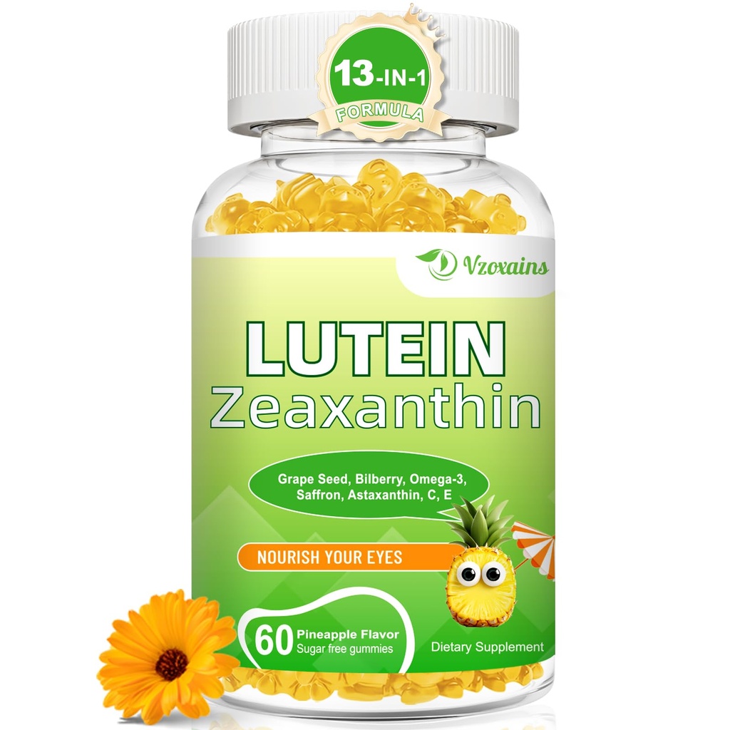 Lutein 20 mg s Zeaxanthin Gummies, Lutein a Zeaxanthin Doplňky s oční vitaminy C, E, Bilberry pro oční zdraví - 60Cts