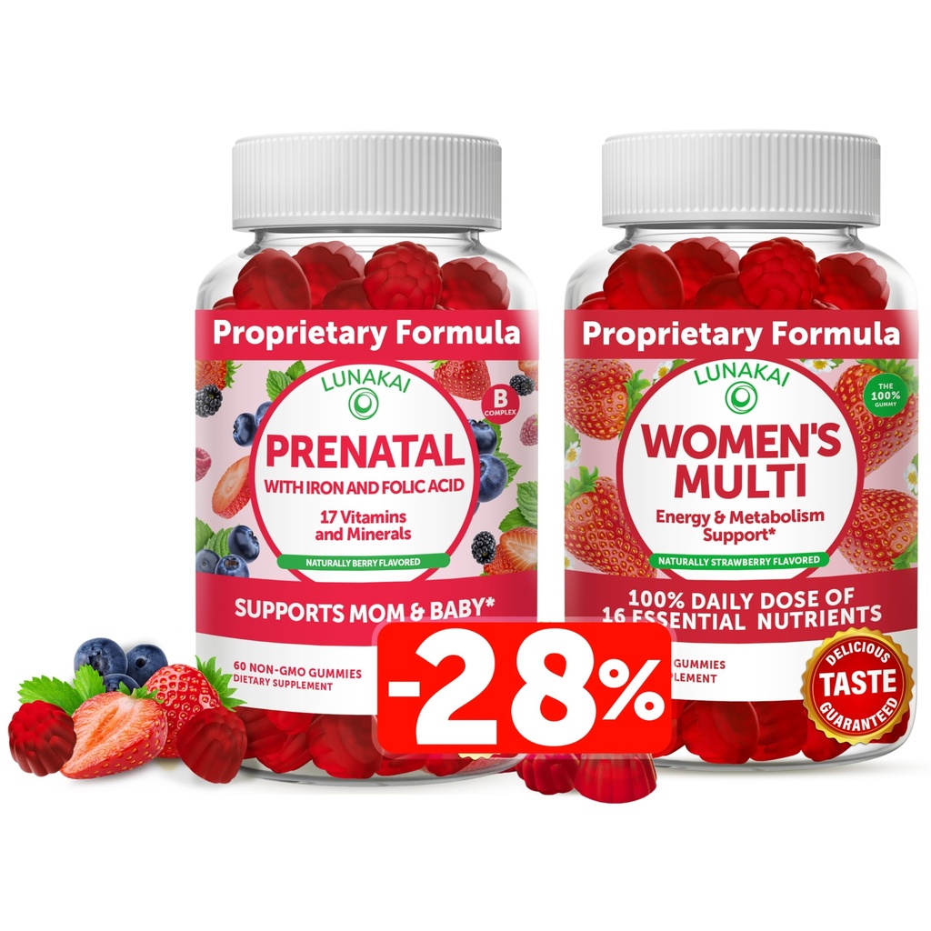 Lunakai Prenatal Vitamin a ženské multivitaminové gumy Bundle - Těhotenství Multivitamin Gummy s kyselinou železitou a listovou - se 100% denní hodnota 16 esenciální vitamíny a minerály - 30 dní dodávky