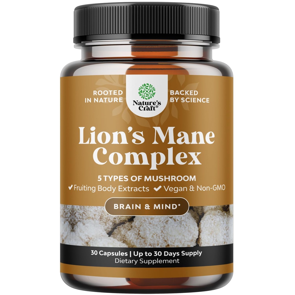 Advanced Lion 's Mane Houbový dodatek - Lví Mane dodatek Kapsle s Reishi, Chaga, Maitake & Shiitake pro podporu paměti a zaměření - Nootropní pro duševní jasnost - 30 Caps