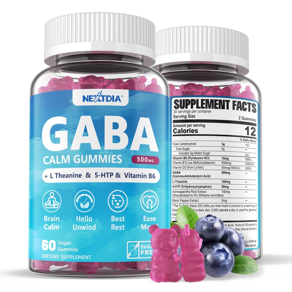 GABA Gummies 500 mg - Sugar- Free Calm Gummies with L Theanine, 5-HTP, Vitamíny D3, B12, Ashwagandha, Melatonin- Free for Brain Calm, Mood, Zzz Better, GABA dodatek pro dospělé, Blueberry Flavor, 1Pack