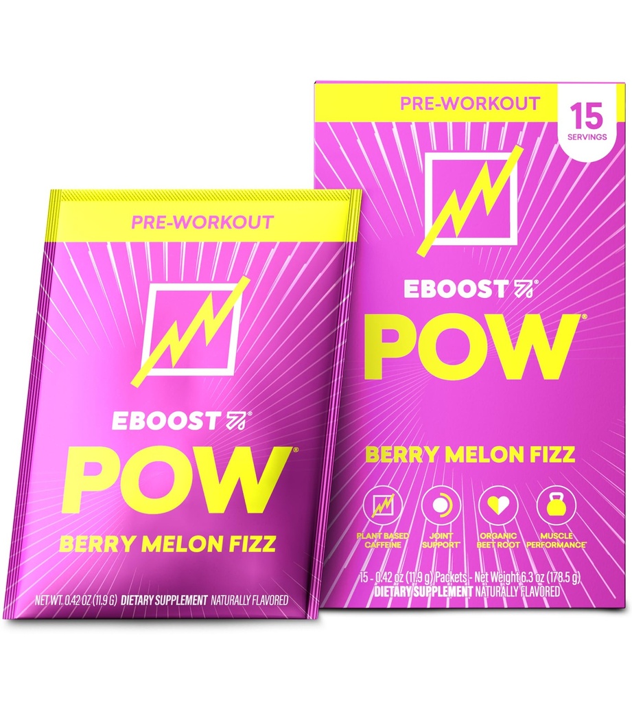 EBOOST POW Natural Pre Workout Powder - 15 Packets, Berry Melon Fizz - Předcvičení Energy Booster Gym dodatek Drink Mix pro muže a ženy - Výkon, Společná podpora mobility - gluten- zdarma