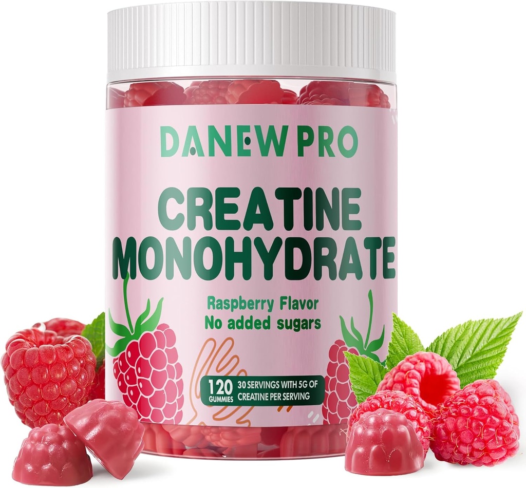 Kreatin- monohydrát Gummie pro muže a ženy - 5g kreatin- monohydrát na jedno podání - Bez cukru, Vegan, Malina Flavor, 120 Počet