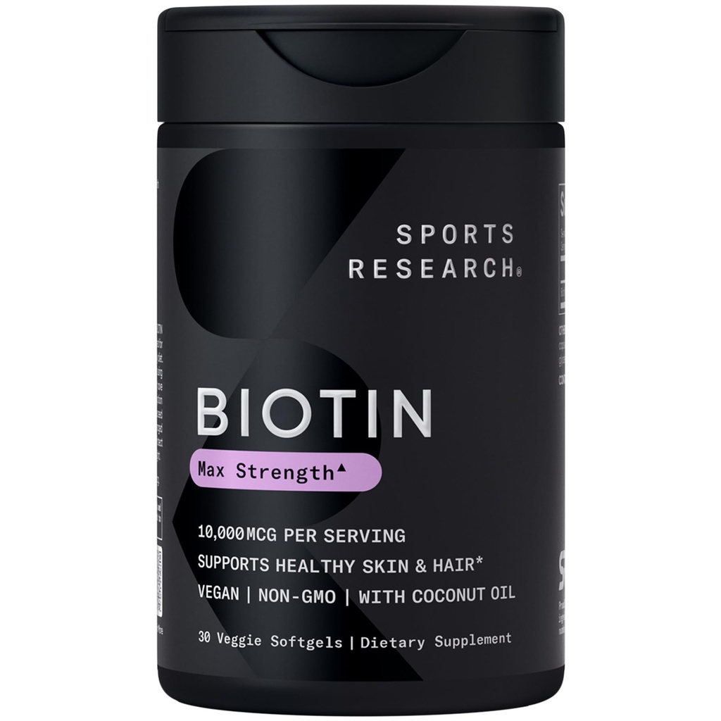 Sports Research ® Biotin 10,000mcg s organickým kokosovým olejem - Biotin (Vitamin B7) pro zdravou pleť a podporu vlasů * - pro ženy a muže - Vegan, Non- GMO, gluten & Soy- Free - 30 Veggie Softgels