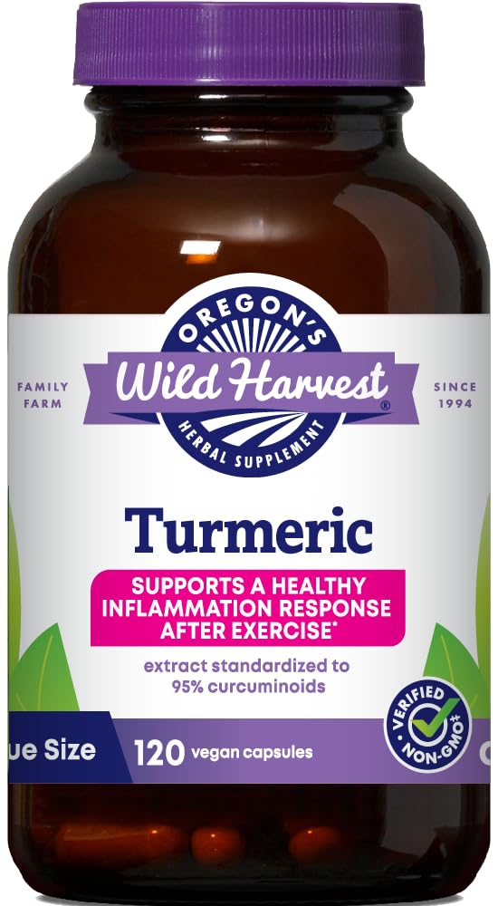 Oregon 's Wild Harvest Turmeric 120 Vegan Kapsle 124; Organic Turmeric Curcuminoides with Black Pepper for Better Absorption Current 124; Podporuje zdravé záněty reakce a společné zdraví