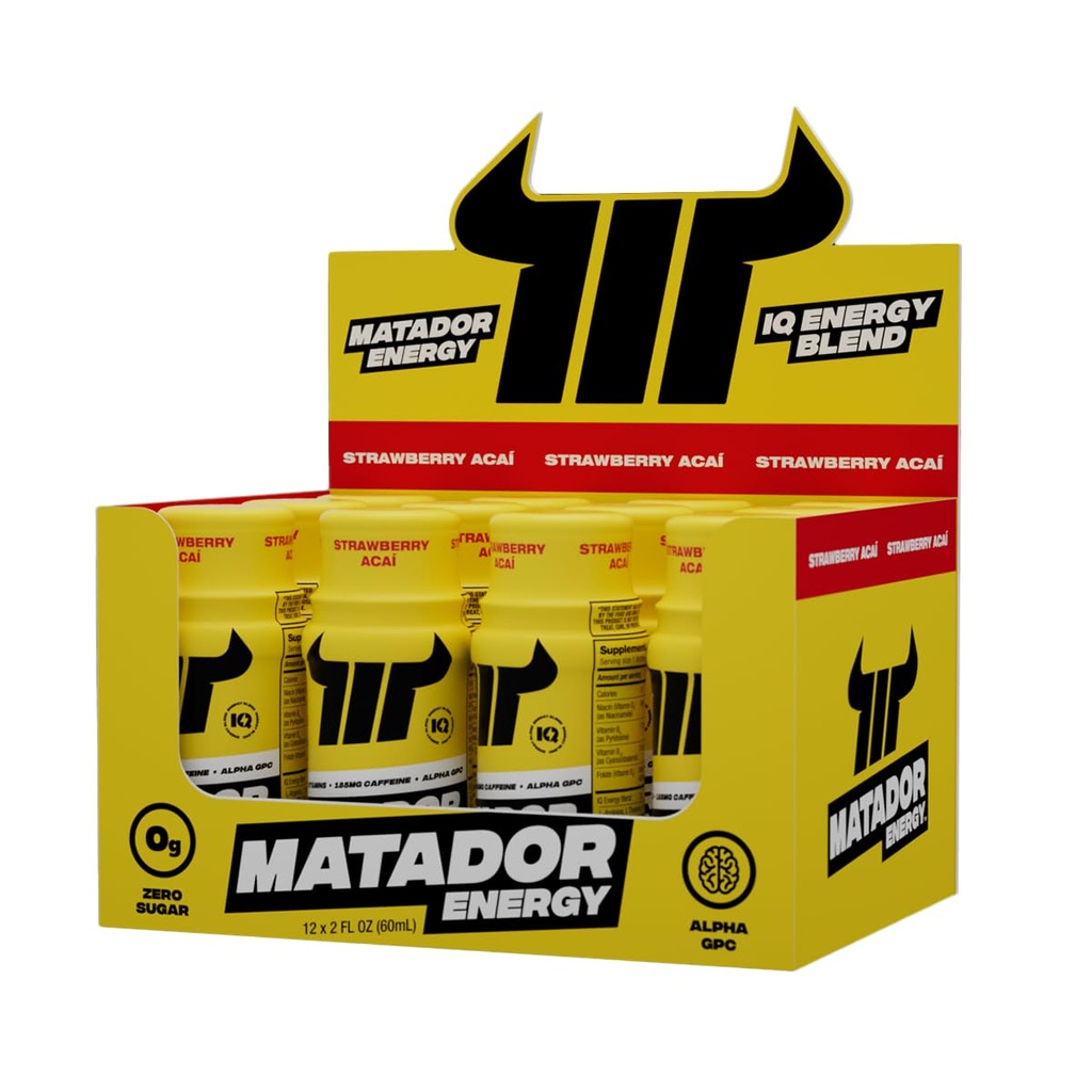 MATADOR Energy Střílí extra sílu Mini energetické nápoje w / B Komplexní vitamíny (Vitamin B12-B9-B6-B3), Alpha GPC Nootropsic IQ Energy, Coffee Bean Extract Caffeine Shots, 24 Energy Drink Jahoda Acai