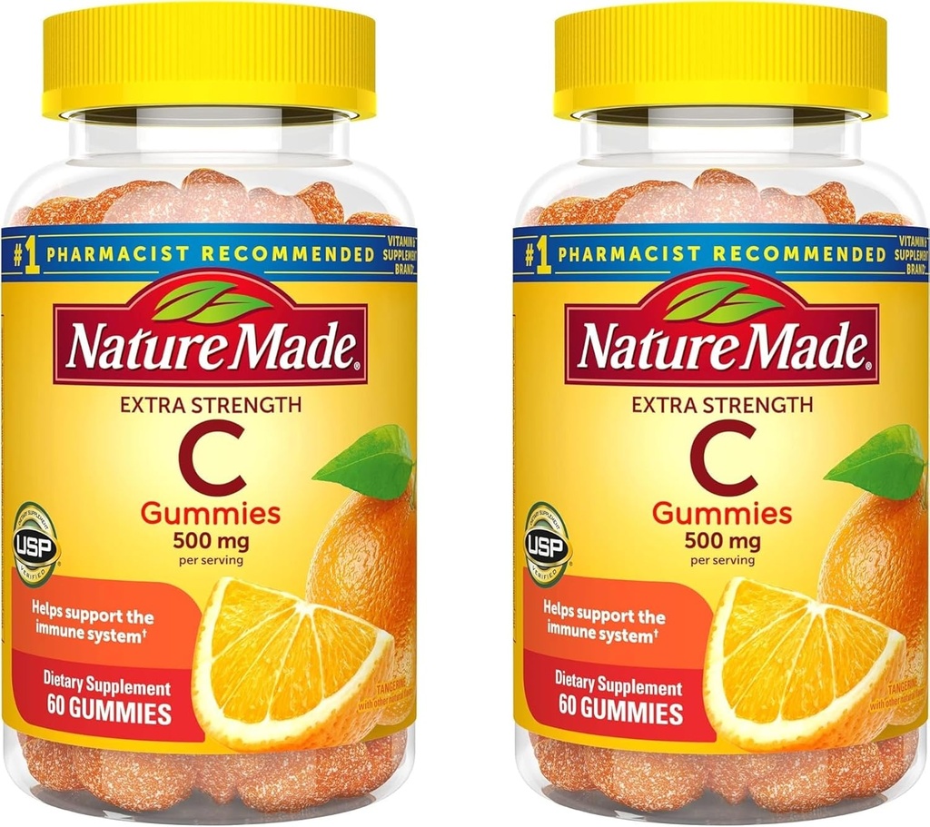 Příroda Made Extra Síla Dávkování Vitamin C 500 mg na servírování, Dietní dodatek pro imunitní podporu, 60 Gummies, 30 denní dodávka (Balení po 2)