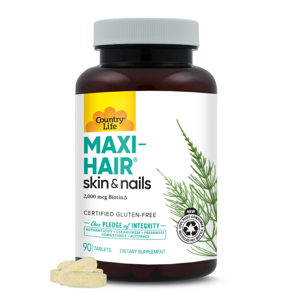 Country Life Maxi- Vlasy dodatek - 2000mcg Biotin & Vitamíny pro vlasy, kůži a nehty - Certified gluten- Free & Vegetarian - Podporuje růst vlasů, 90 tablet