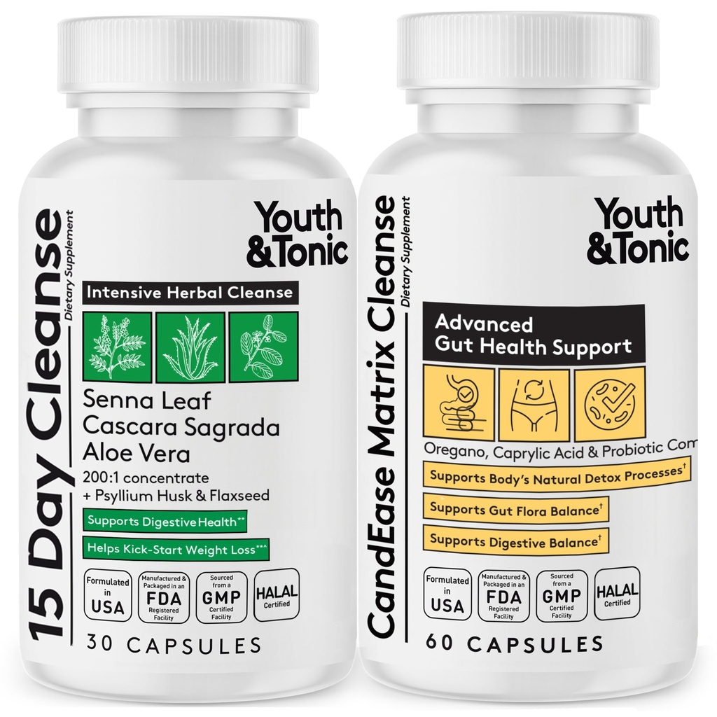 Youth & Tonic Colon Cleanse a Candease Matrix pilulky 124; Podpora pro tělo Detox Gut zdraví & střevní Flora Obnovení normální hladiny kyselosti