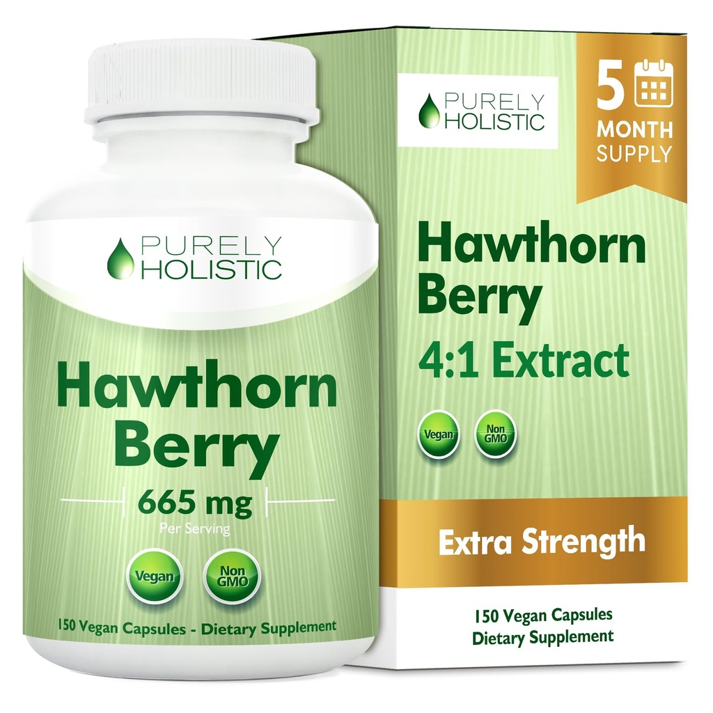 Čistě holistický Hawthorn Berry - 150 Vegan Kapsle - 5 Měsíce Dodávka - Vysoká síla 4: 1 Extract - Non- GMO Hawthorne Dodatek - Podporuje kardiovaskulární a stravitelné zdraví
