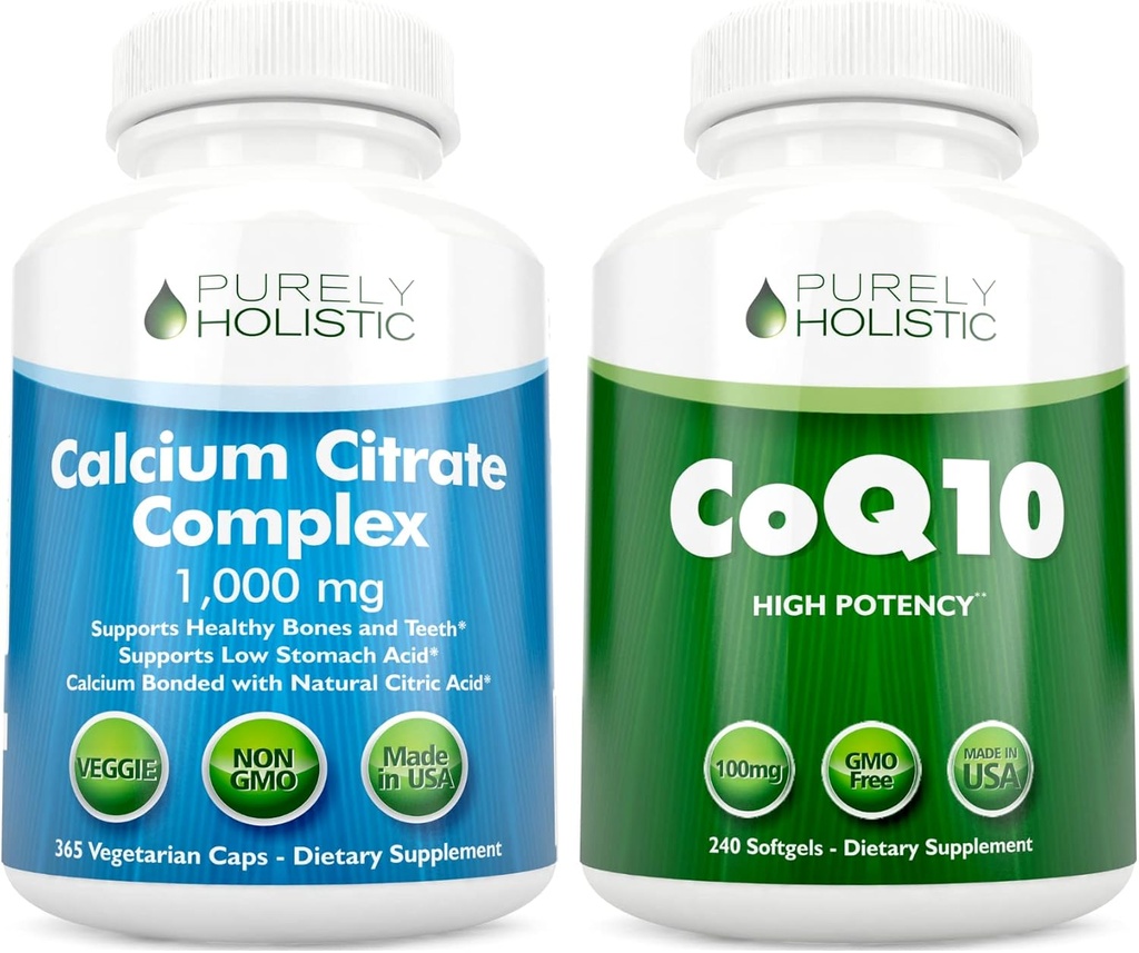 Vápník Citrát Complex 1000mg + CoQ10 100mg - 365 Vegan Kapsle + 240 Softgels Bundle - Without Vitamin D - Made in USA