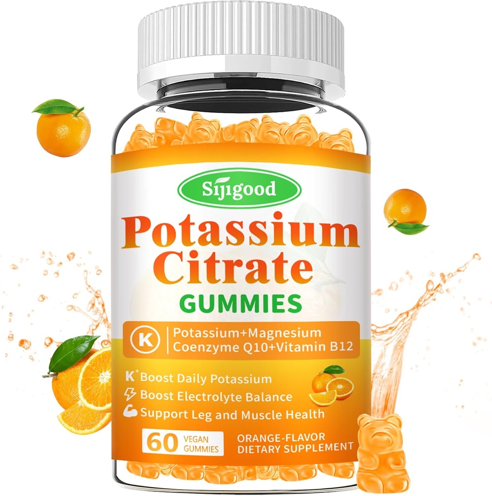 Citrátové žvýkačky kalium - High potency Draslík dodatek pro svalové zdraví, Leg Cramp Relief, Electrolyte Balance - Vegan, Non- GMO, Gluten- Free, Orange Flavor, 60 Počet