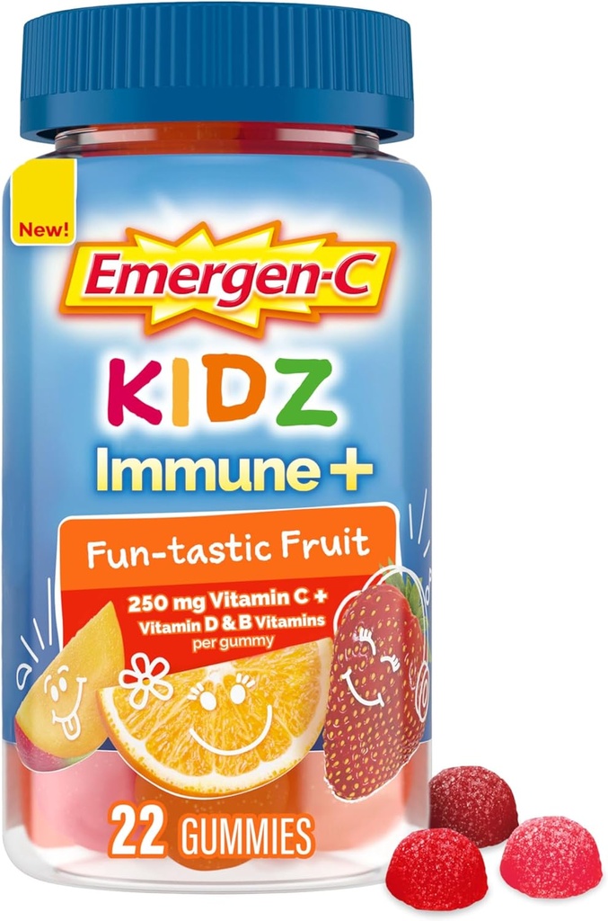 Emergen- C Kidz Imunitní + Imunitní podpora Dietní doplňky, ochucené gumy s vitamínem C, B vitaminy a vitamin D pro imunitní podporu, Fun- Tastic ovoce ochucené gumy - 22 Počet