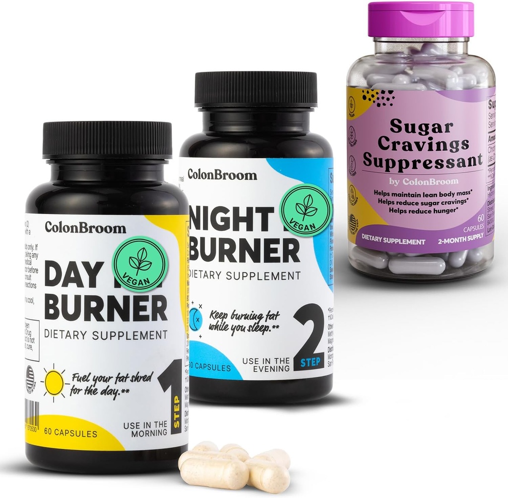 ColonBroom Day & Night Burner doplňky, Prášky pro správu hmotnosti (60 Služeb) + Suppressant Cukr - Pikolinát chromu 200mcg (60 Služeb), 3 položky