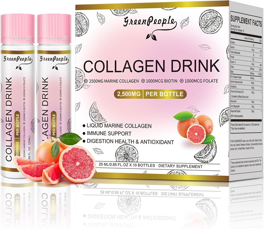 GREENLIONS Liquid Collagen for Women & Men, 2500mg Fish Collagen Peptides + Hyaluronic Acid + Vitamin Bs & C, Vlasy Kožní nehty Kostní podpora (0.85 fl oz, 10 Lahvičky, Grapefruity)