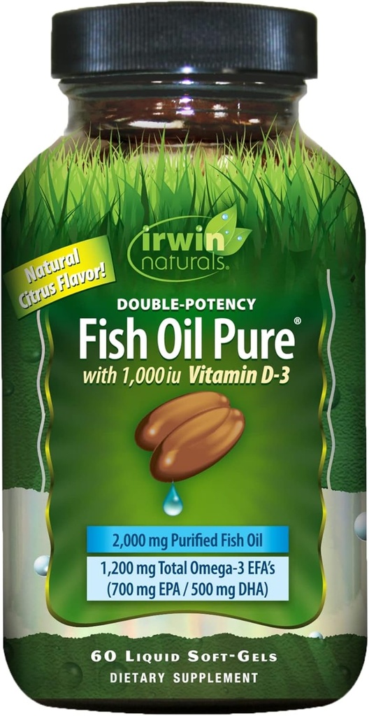 Double- Potency Fish Oil Pure by Irwin Naturals, Citrus Flavor with Vitamin D-3, 60 Liquid Soft- Gels
