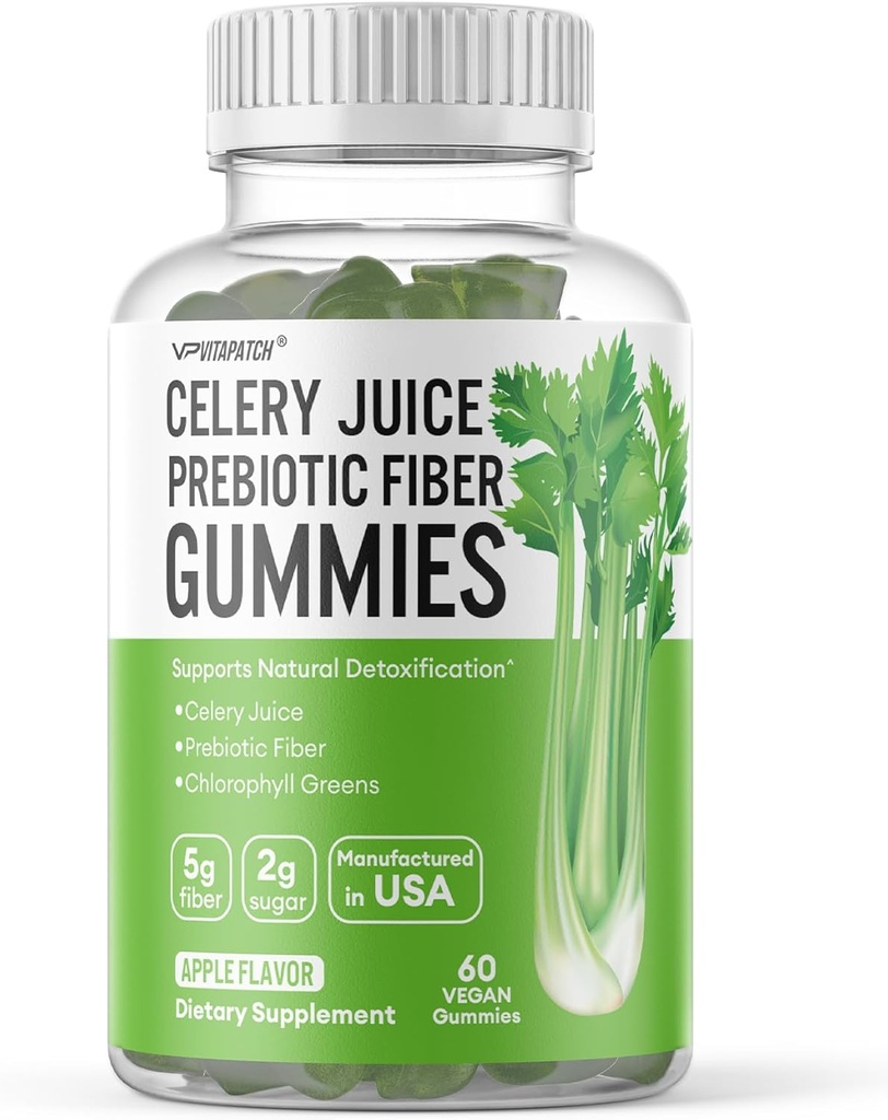 Celer Juice Fiber Gummies pro dospělé - Prebiotická Celer Juice Gummy pro Detoxification Support & Supergreens Boost s celery Juice, Chlorofyl, & Prebiotic Fiber - 60 Počet