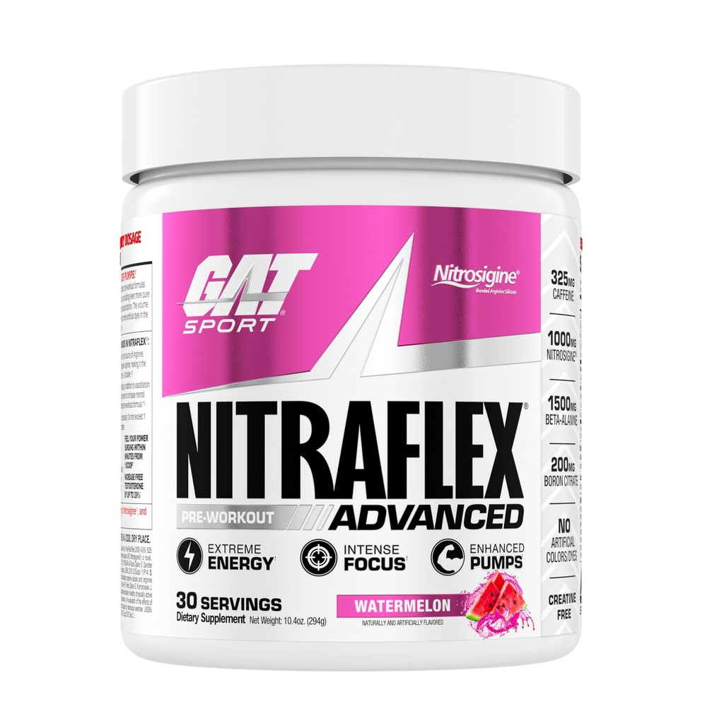 GAT SPORT Nitraflex Advanced Pre- Workout prášek, zvyšuje krevní tok, zvyšuje sílu a energii, zlepšuje výkon cvičení, Creatine- Free (Meloun, 30 Služeb)