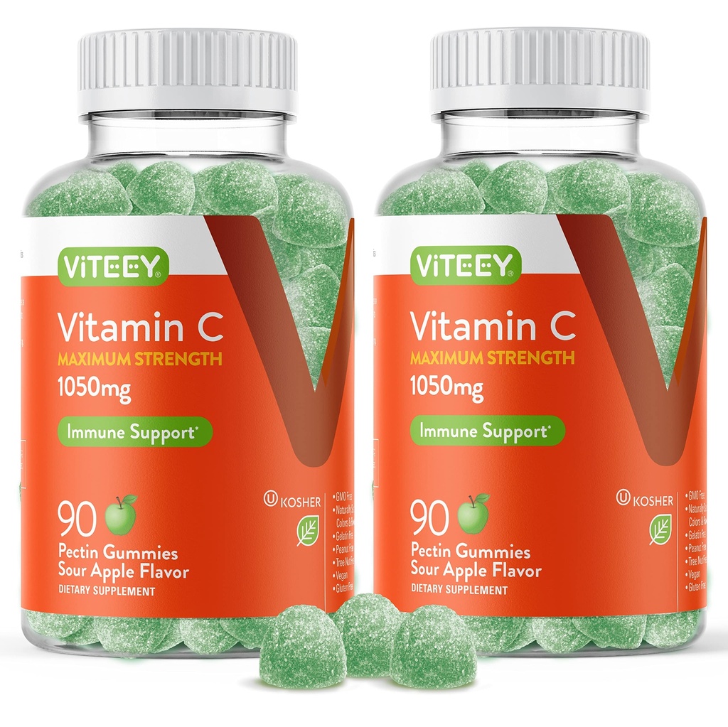 Viteey Chewable Vitamin C Gummies pro dospělé - 1050mg Maximální síla Imunitní Supplement - Vegan, Lepek zdarma - 180 Počet