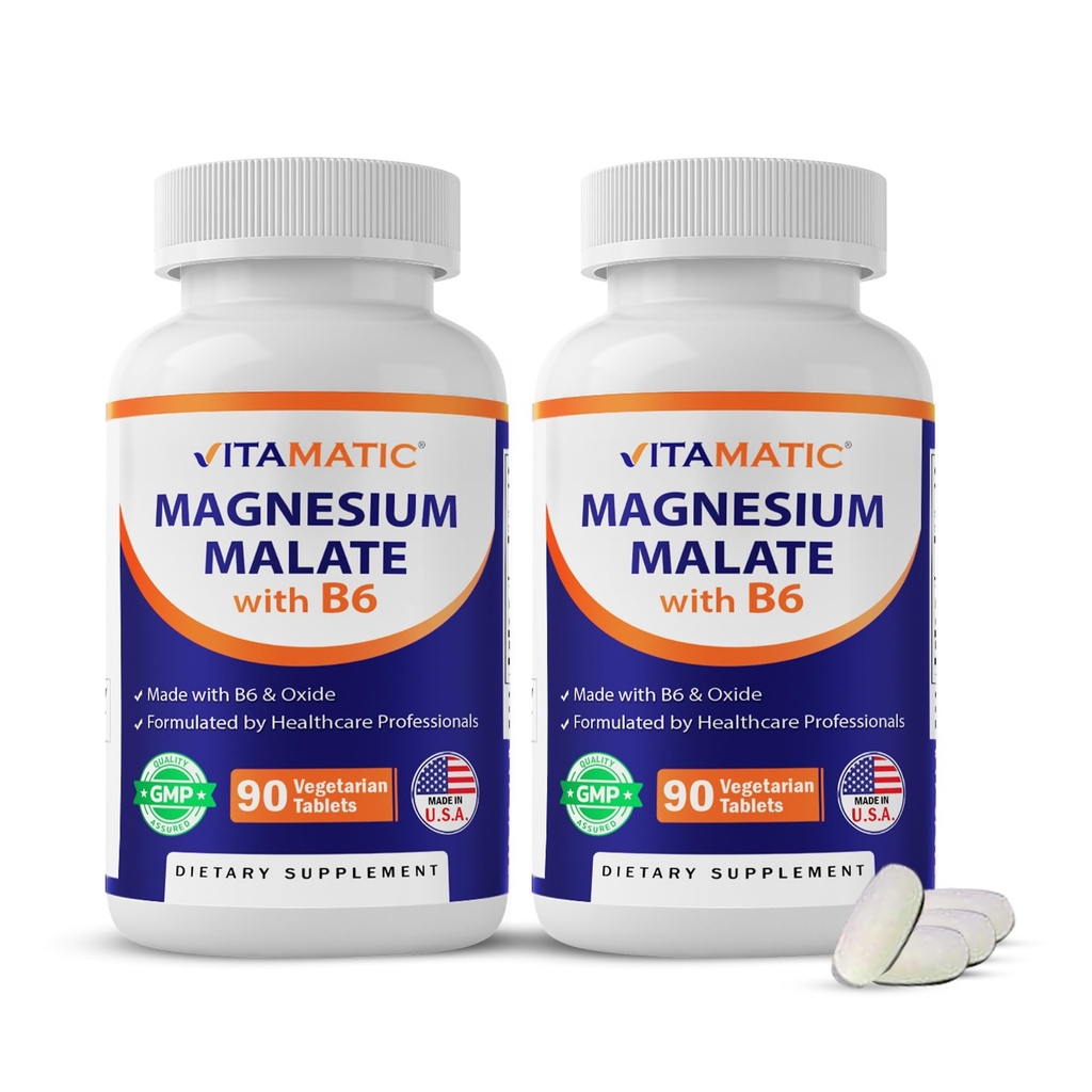 Vitamatic Magnesium Malate 2000mg per Serving - 90 Vegetariánských tablet - Přidáno B6 pro maximální absorpci - Podporuje svalovou, kloubní a srdeční zdraví * (2 láhve, bez ochucené)