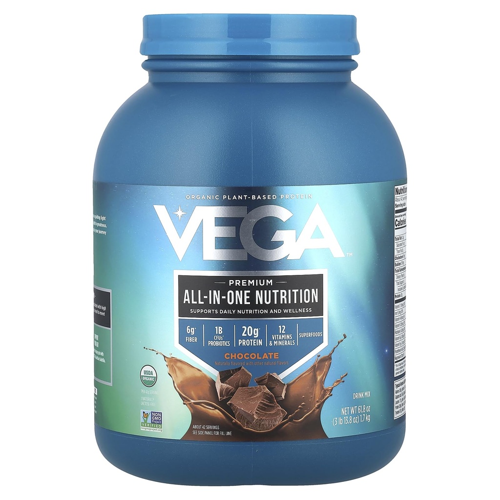 Vega All in One Nutrition Organic - 20g Plant- Based Pea Protein, Chocolate, 42 Servings, Vitamins A & C, Probiotika, Zelená, Vegan, Keto, Gluten Free, 61.8oz (Balení květen Vary)