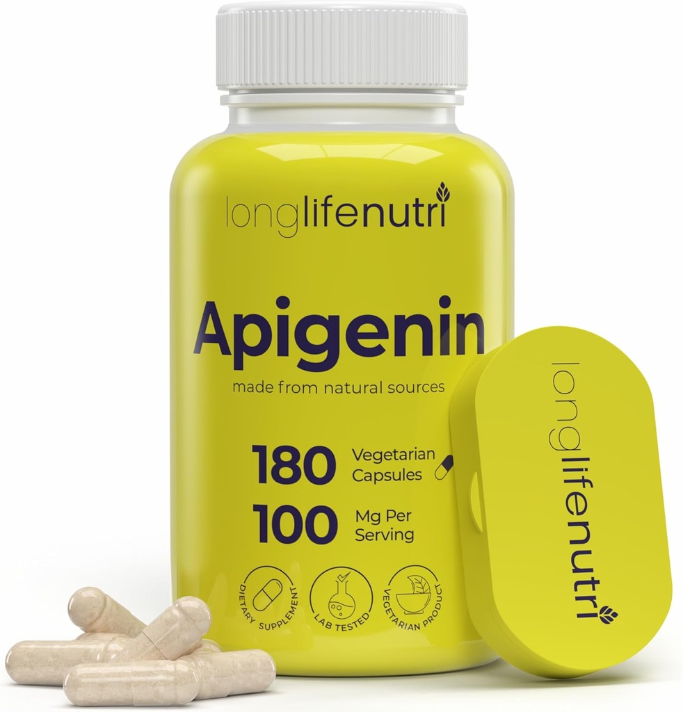 LongLifeNutri Apigenin 100mg - Přírodní bioflavonoid z Heřmánkový extrakt, 180 Vegetariánských kapslí, Dodatek pro spánek, Mood, & Relaxation, 6-Month Supply, GMP Certified, Made in USA