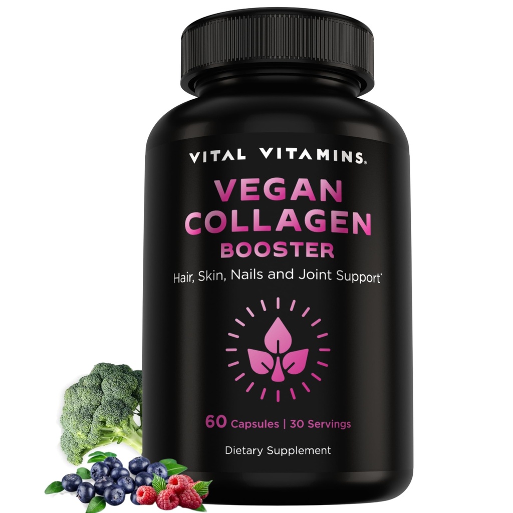 Vitální vitaminy Vegan Collagen Booster - s oxidem křemičitým a hyaluronovou kyselinou - Plant- Based kolagen doplňky - Podporuje vlasy, kůže, nehty a spony - 60 Kapsle