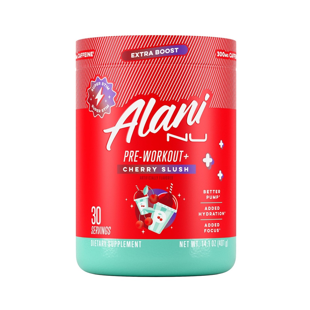 Alani Nu Pre Workout + Powder Cherry Slush, Extra Boost, Cukr zdarma, 300mg kofein, L- Theanine, Beta- Alanin, Citrulline, 30 Služby