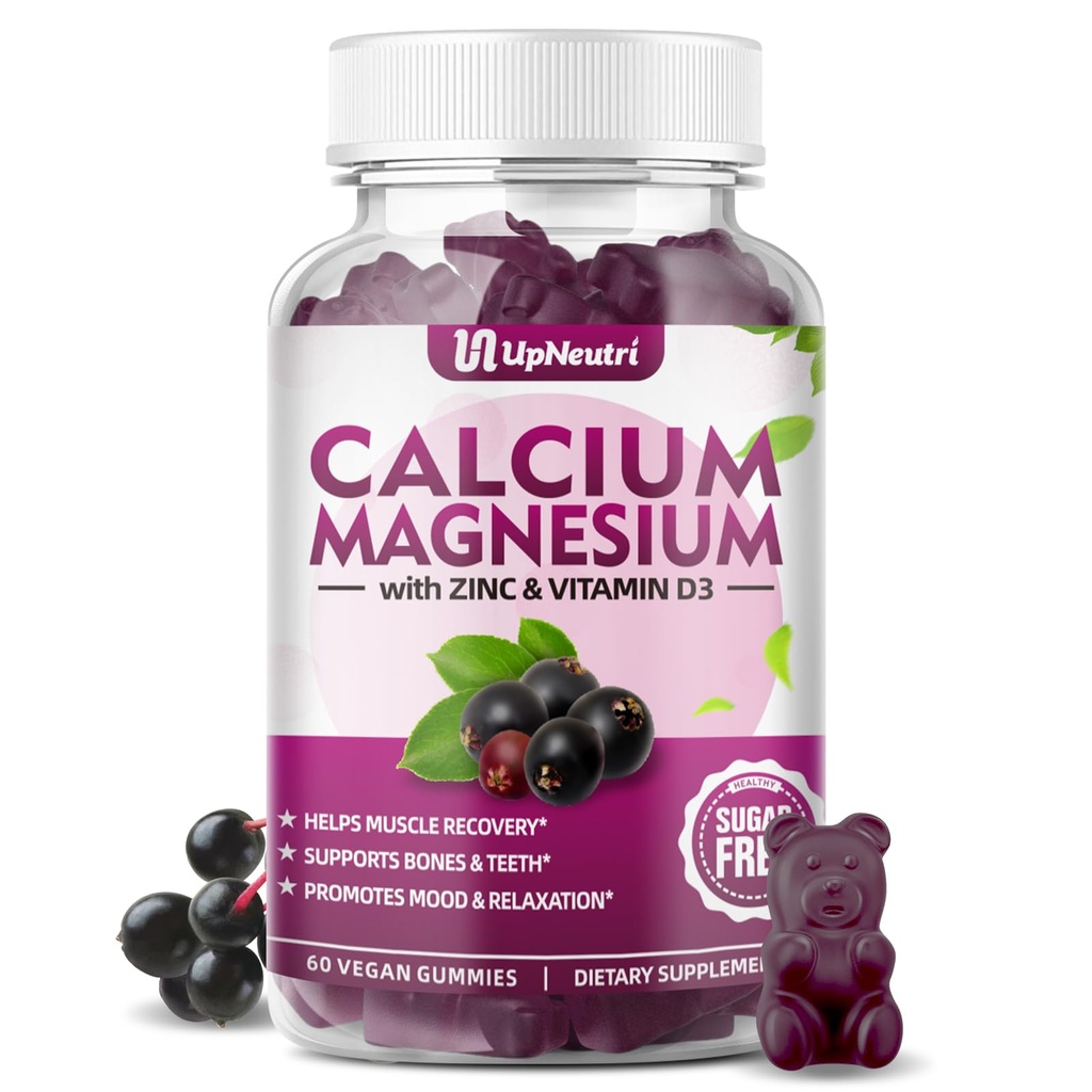 Vápník hořčík zinek s vitaminem D3 dodatek, Cukr bez vápníku gumy pro ženy, vysoká absorpce zinkové gumy pro kosti a svaly a imunitní zdraví, Vegan Elderberry Flavor - 60 Počet