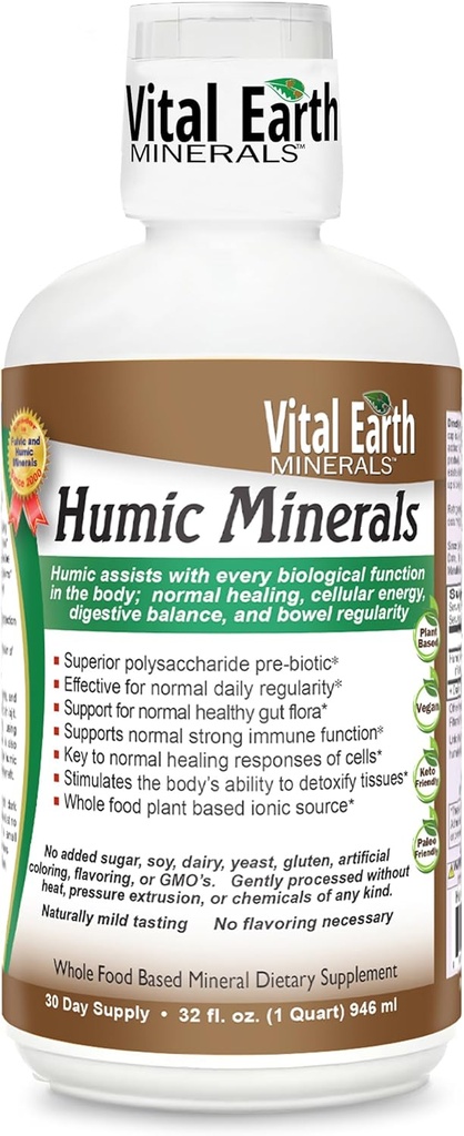 Vital Earth Minerály Humic Minerály - Fulvic Acid Dodatek s 70 + Stopy Minerály, Elektrolyty pro obnovu a rovnováhu, 32 Oz + 1 Oz Cup