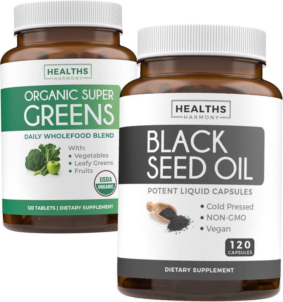 Super Green & Black Seed (2-Month Supply) Green Oil Synergy Bundle of Organic Super Greens Powder - Complete Superfood (120 Kapsle) & Black Seed Oil - Cold- Pressed Nigeilla Sativa (120 Caps)