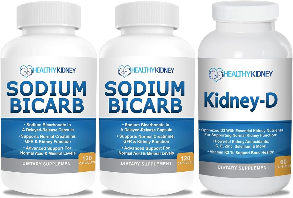 Bikarbonát sodný 650mg Kapsle pro acid Relief, Alkalinity 120 pilulky 2- Pack + Kidney- D Ledviny dodatek. Vitamin D Optimalizovaný pro podporu ledvin.