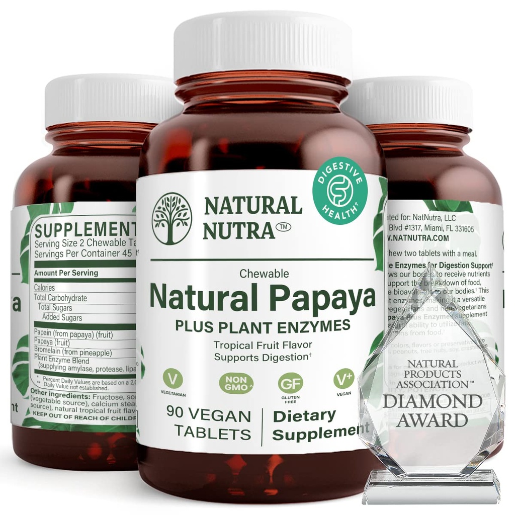 Přírodní Nutra Papaya Žvýkací enzymy pro stravení a vyčištění těla - podporuje trávicí zdraví, Ease Gastrointestinální discomform - Nutrient Absorption and Reduces Bloating - 90 Veganských tablet