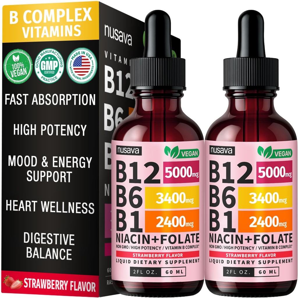 (2 Pack) Vitamin B12 a B6 Tekuté kapky, B12 Sublingvální vitamin B Komplex - B 12 Vitamin 5000mcg - B12 Methylkobalamin pro energii, mozek, a srdeční podpora s 27,200 mcg, Jahoda, 80 Služební