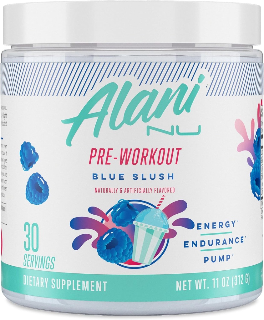 Alani Nu Pre Workout Powder Blue Slish, Amino Energy Boost, Vytrvalost dodatek, Cukr zdarma, 200mg kofein, L-Theanine, Beta-Alanin, L-Citruline, 30 Služby